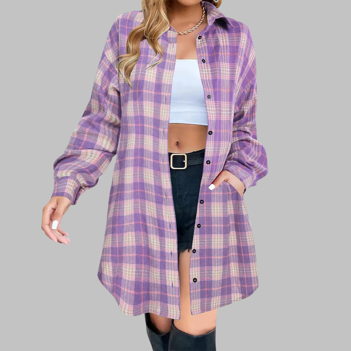 Lowanna – Oversized Plaid Shirt Dress