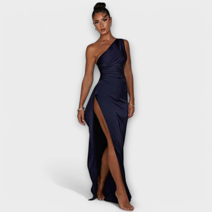 Asymmetrical Maxi Dress with Draping on One Arm