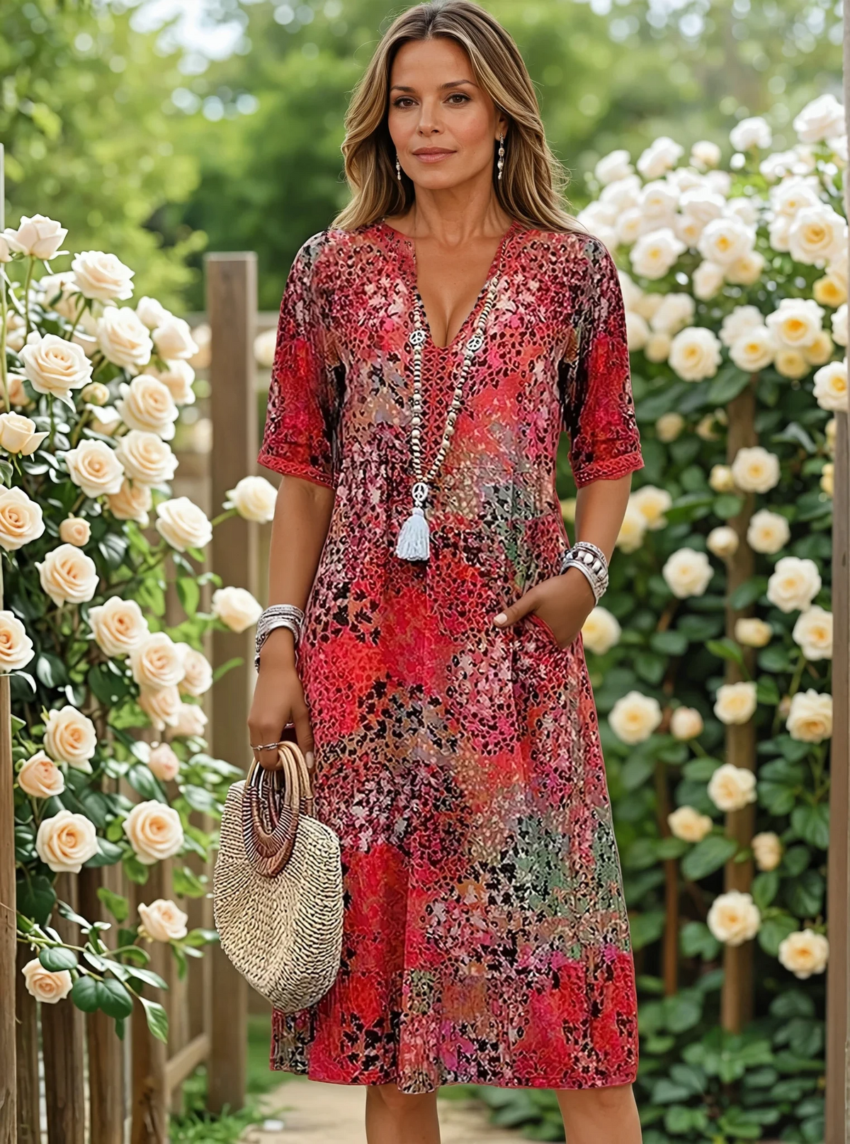 Cristina – Flowing Midi Dress with Lace-Up Detail